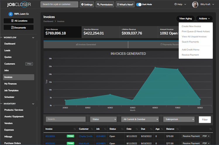 JobCloser Invoices Screen