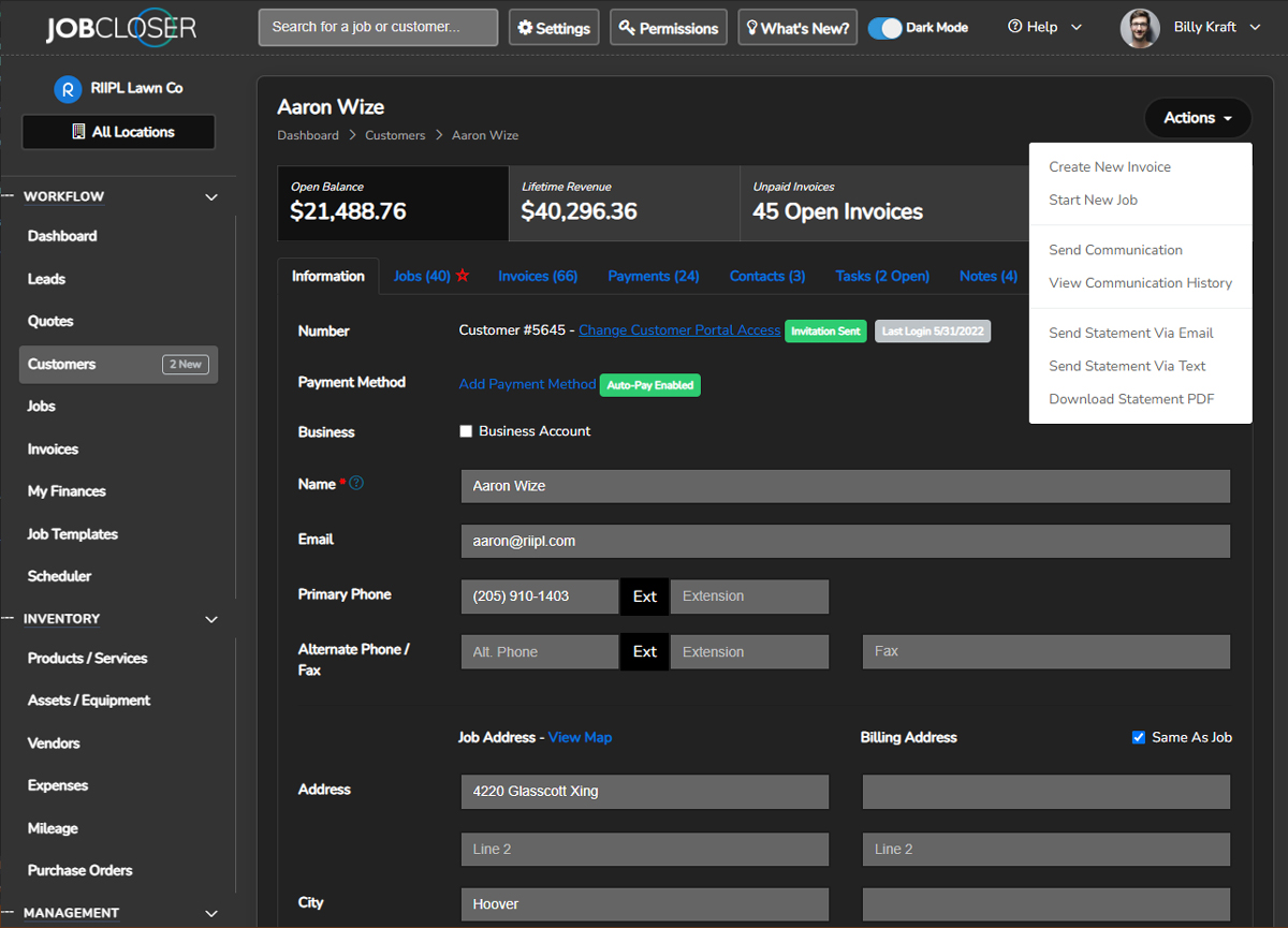 JobCloser Customer Screen