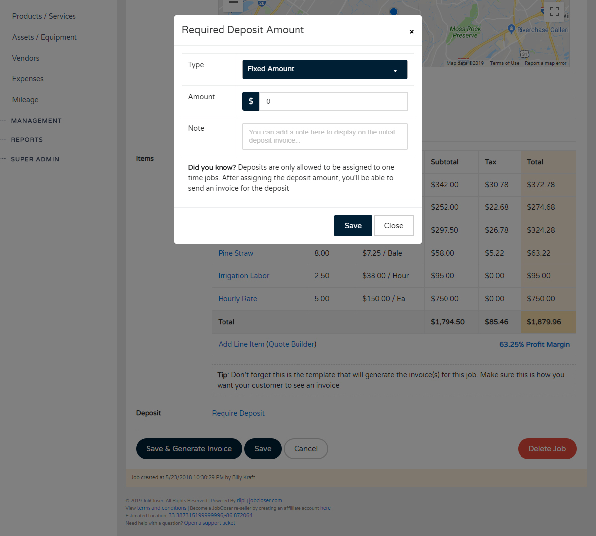 JobCloser Requiring A Deposit