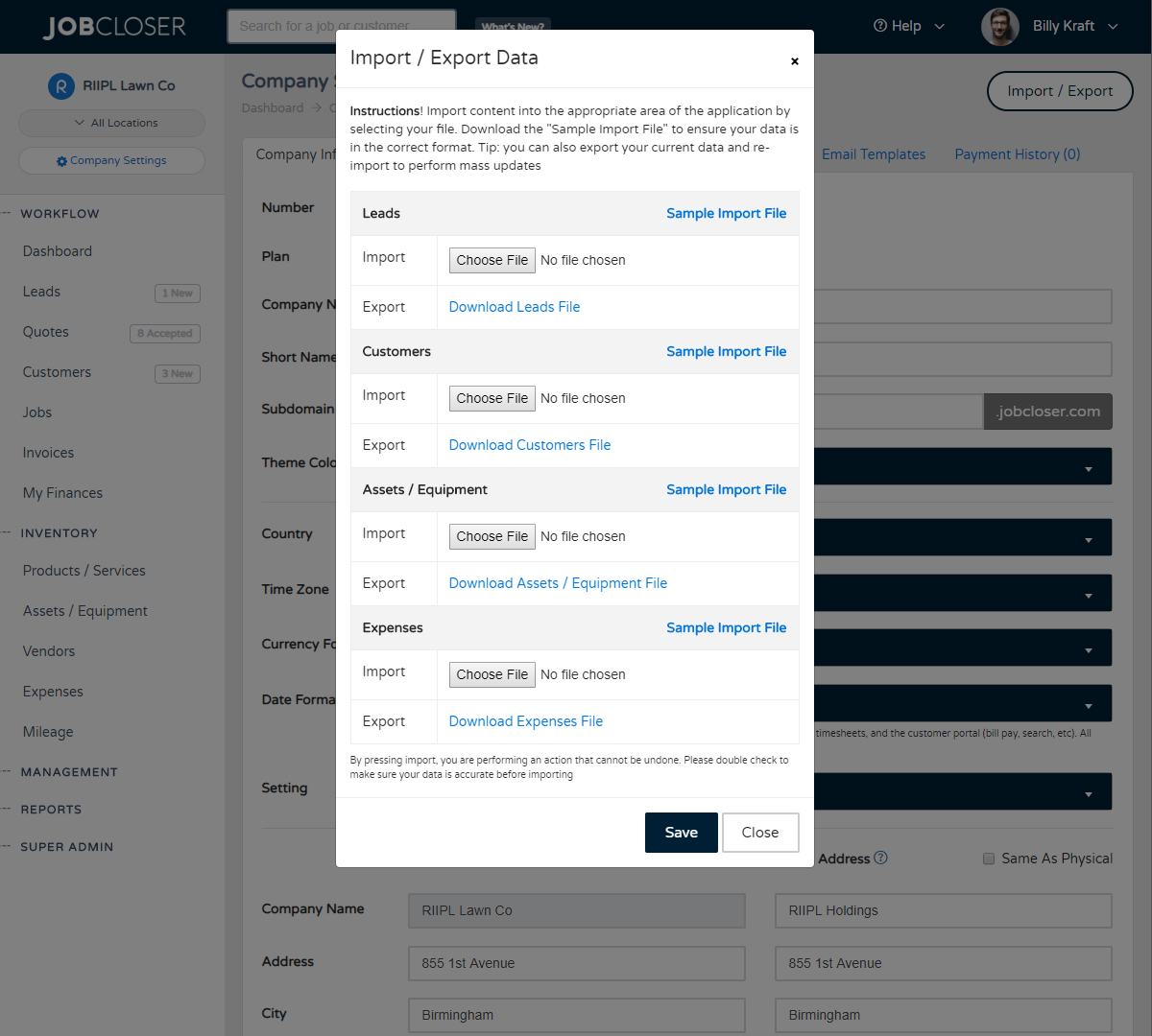 JobCloser Importing & Exporting