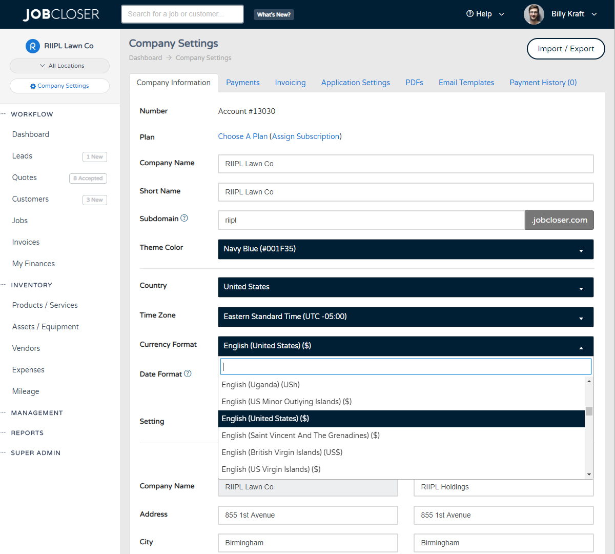 JobCloser International Settings