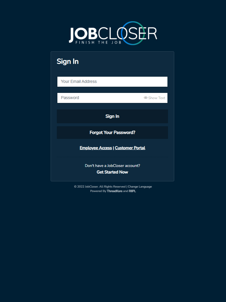 JobCloser login screen on tablet