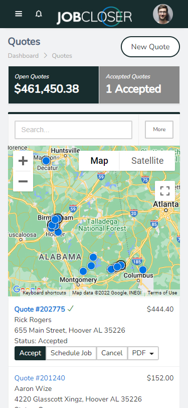 JobCloser quoting software on mobile