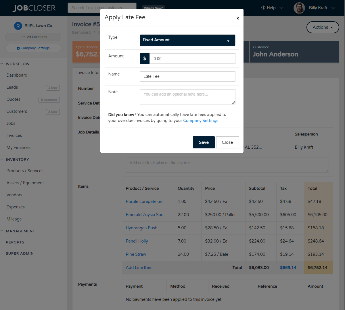 JobCloser Discounts and Late Fees