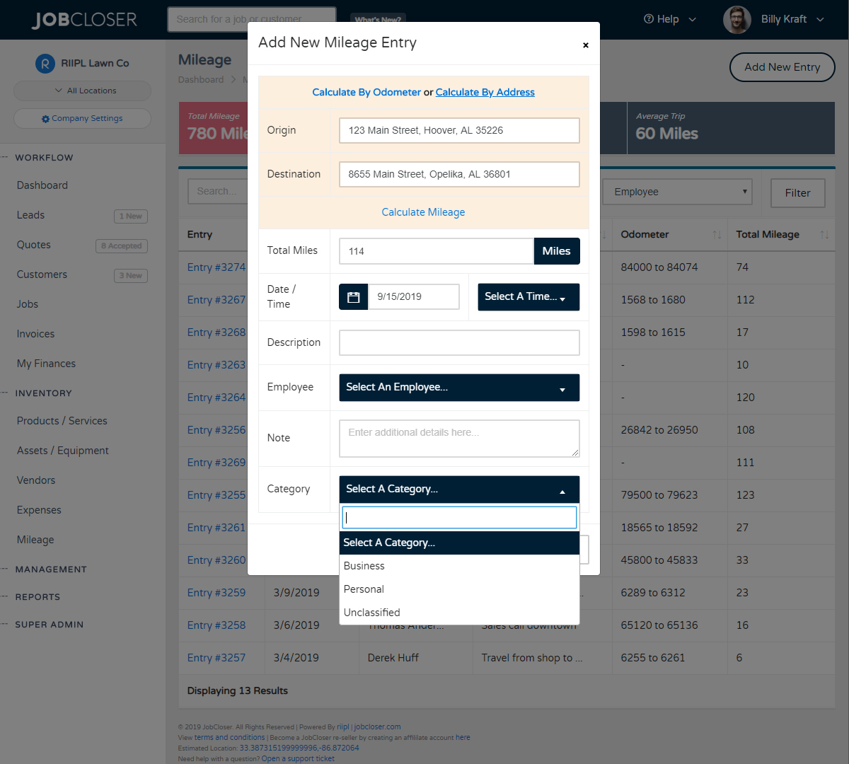 JobCloser Mileage Tracking