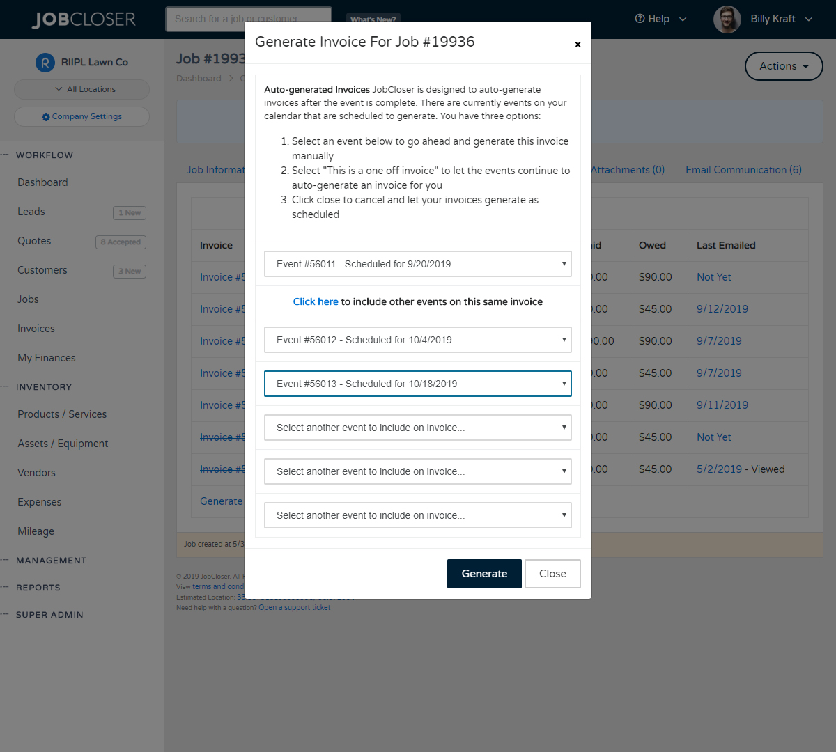 JobCloser One Invoice - Multiple Jobs