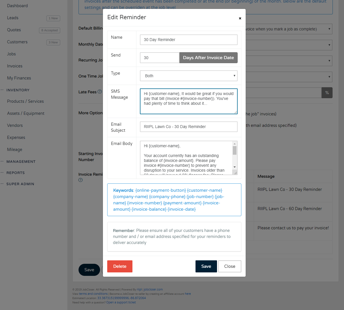 JobCloser Appointment & Invoice Reminders