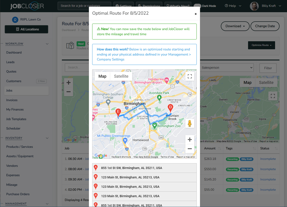 JobCloser Route Optimization Screen