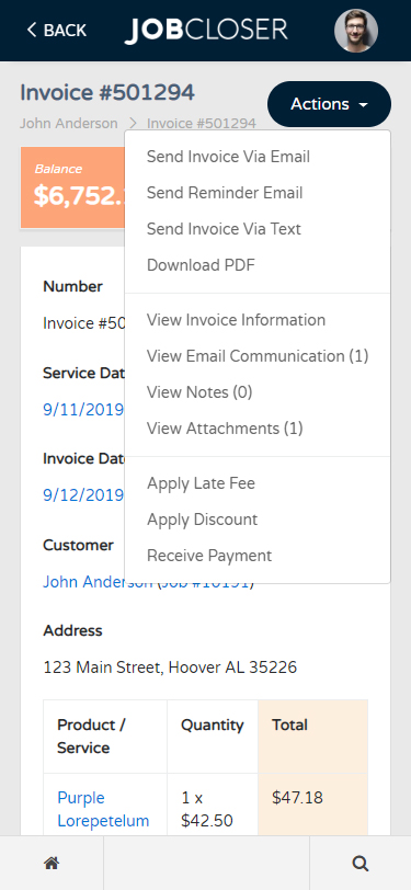 JobCloser Invoice Screen