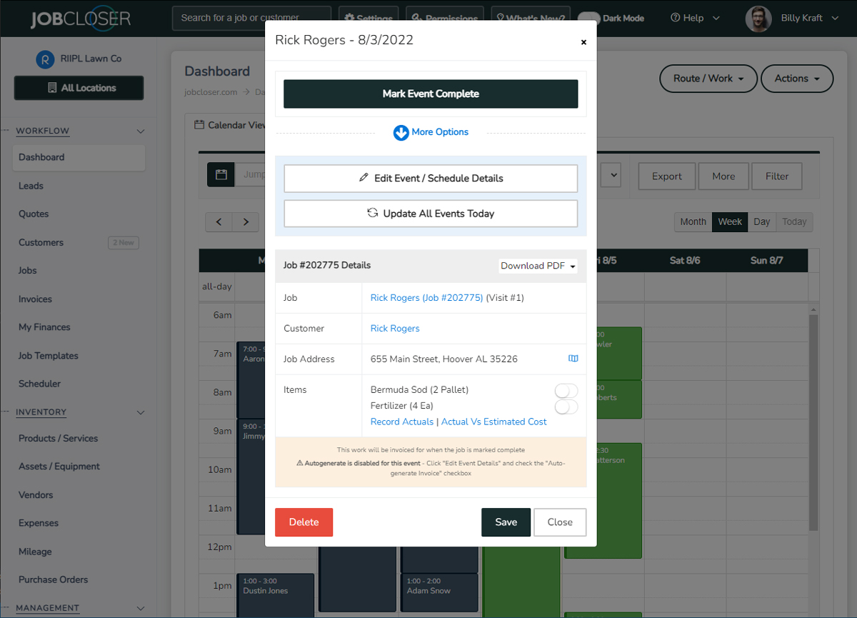JobCloser Schedule Screen