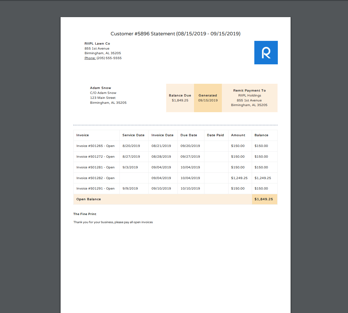 JobCloser Customer Statements