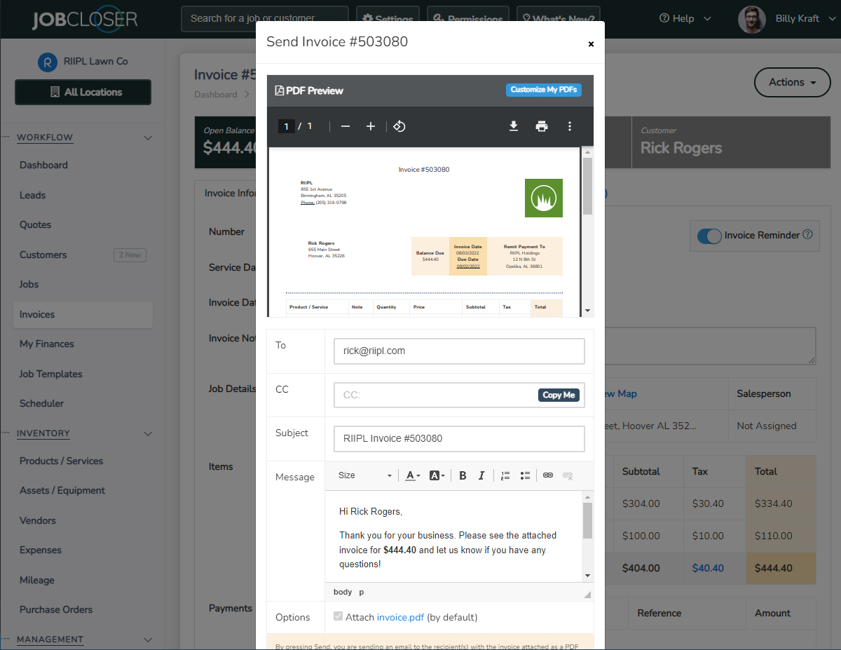 Send invoices with JobCloser